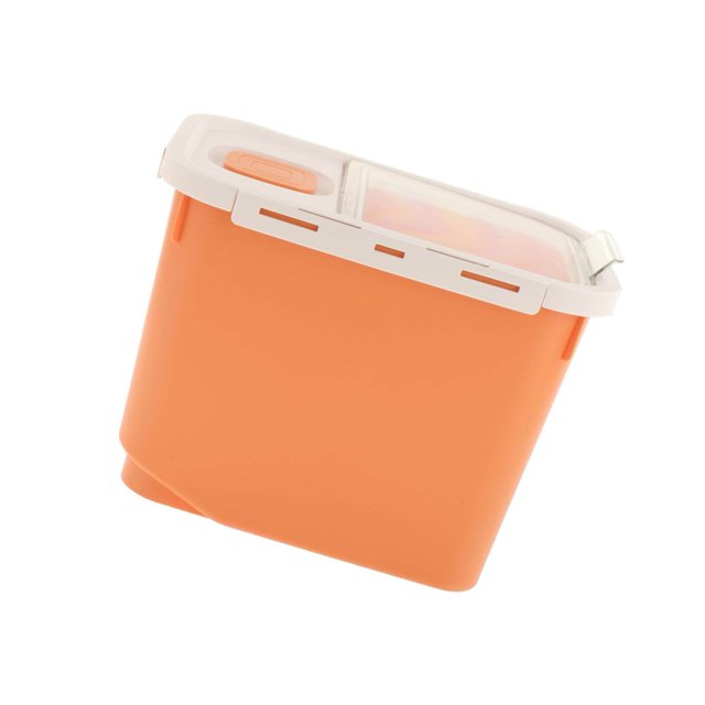 10KG Rice Storage Container in orange with durable PP material construction, ideal for kitchen storage. Features a white lid with compartments, wheels for easy mobility, and a multifunctional measuring cup. Suitable for storing grains or dry food. Approximate dimensions are 33x23x25cm.