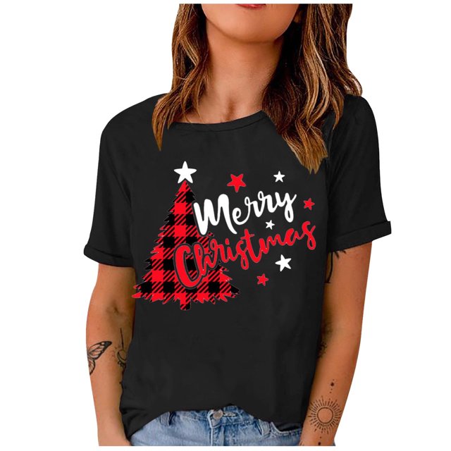 Mode Femme T-Shirt Uni de Noël à Col Rond à Manches Courtes Imprimé Blouse Ample Hauts