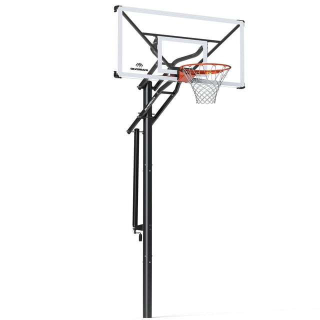 Silverback NXT Panier de Basketball de 60 Pouces pour le Sol avec un Panneau Arrière Transparent de 60 Pouces par 34 Pouces à Bord Infini sur un Poteau en Acier Enduit de Poudre Noir, Doté d'Un Rebord à Dégagement orange de Style Pro et d'Un Filet Blanc, Réglable de 7,5 à 10 Pieds à l'Aide d'Un Vérin à Manivelle Tout en Acier pour une installation stable dans le Sol.