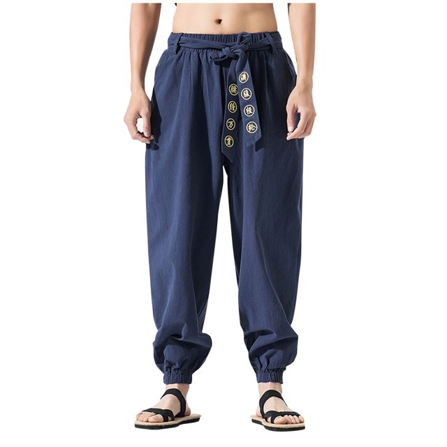 Birdeem Pantalon Homme et Lin Couleur Unie avec Poches et Cordon de Serrage
