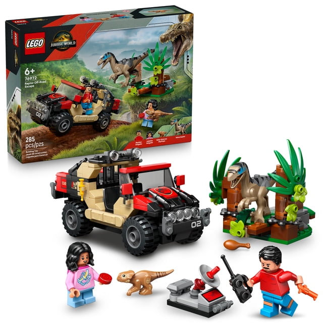 LEGO Jurassic World Raptor Off-Road Escape Dinosaur Toy set featuring a tan and red off-road vehicle with black wheels and front lights, a Velociraptor figure with movable jaw among green foliage, Baby Dolores Aquilops figure, two minifigures with accessories including a tracking device, syringe injector, steak, and licorice treats, displayed with the product box.