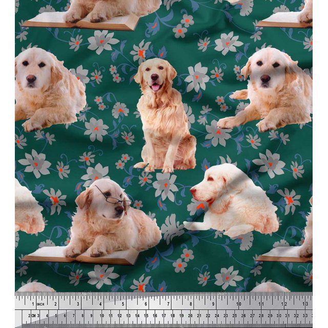 Soimoi Rayon Fabric Floral,Book & Golden Retriever Dog Print Fabric by The Yard 42 Inch Wide
