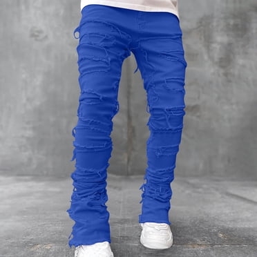 JinRan Men's Jeans Straight Leg Trousers Stacked Denim Pant Distressed Destroyed Jean Washed Denim Pants Streetwear Clothes