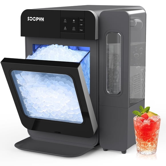 SOOPYK Nugget Ice Maker Countertop with Side Water Tank Self-Cleaning LED Light Ice Scoop 44 lbs Daily Capacity Black
