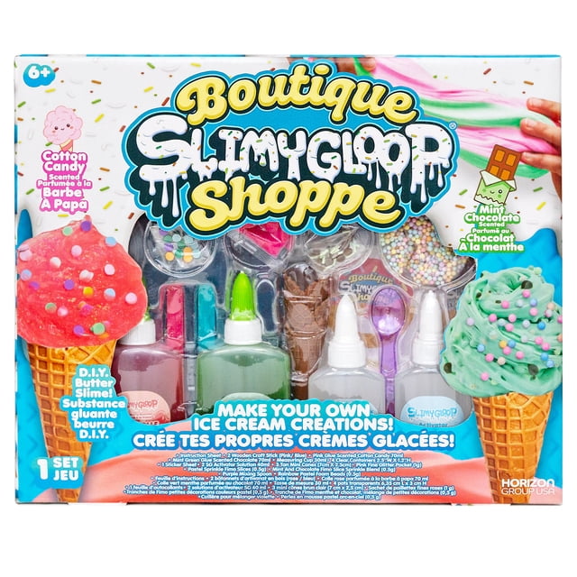 SLIMYGLOOP Trousse de slime DIY pour Boutique avec Colles Parfumées à la Menthe, Chocolat et Barbe à Papa, Activateurs de slime, Paillettes, Perles de Mousse, Cornets Gaufrés en silicone et mini Cuillère pour Créer des Créations de Crème Glacée au slime Brillantes et Texturées, Idéal pour le Jeu Sensoriel et les Fêtes de slime.