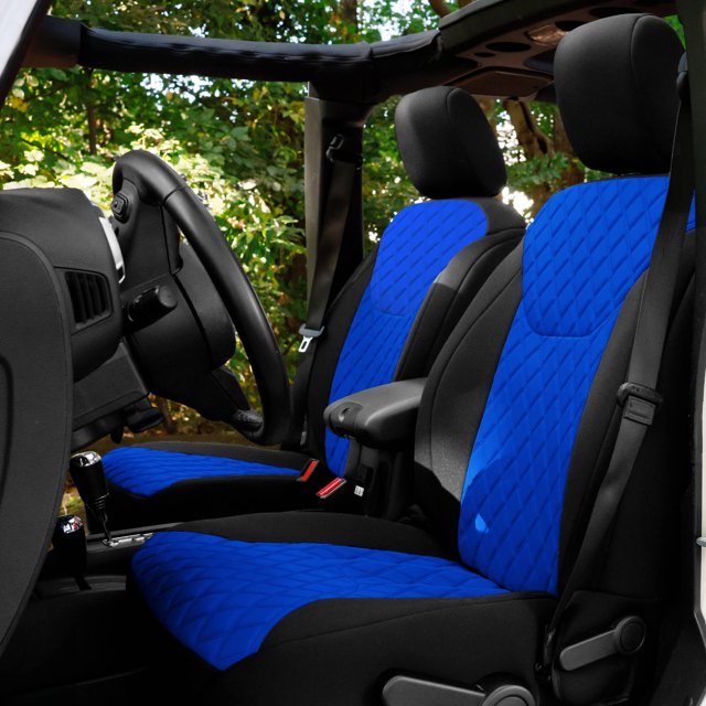 FH Group Neoprene Waterproof Custom Fit Seat Covers for 2007-2018 Jeep Wrangler JK 4DR Front Set installed on front bucket seats. The covers feature a blue quilted neoprene material with black accents, offering waterproof protection and durability. Includes separate headrest covers, stretchy fabric backing with storage pockets, and airbag-compatible stitching for safety.