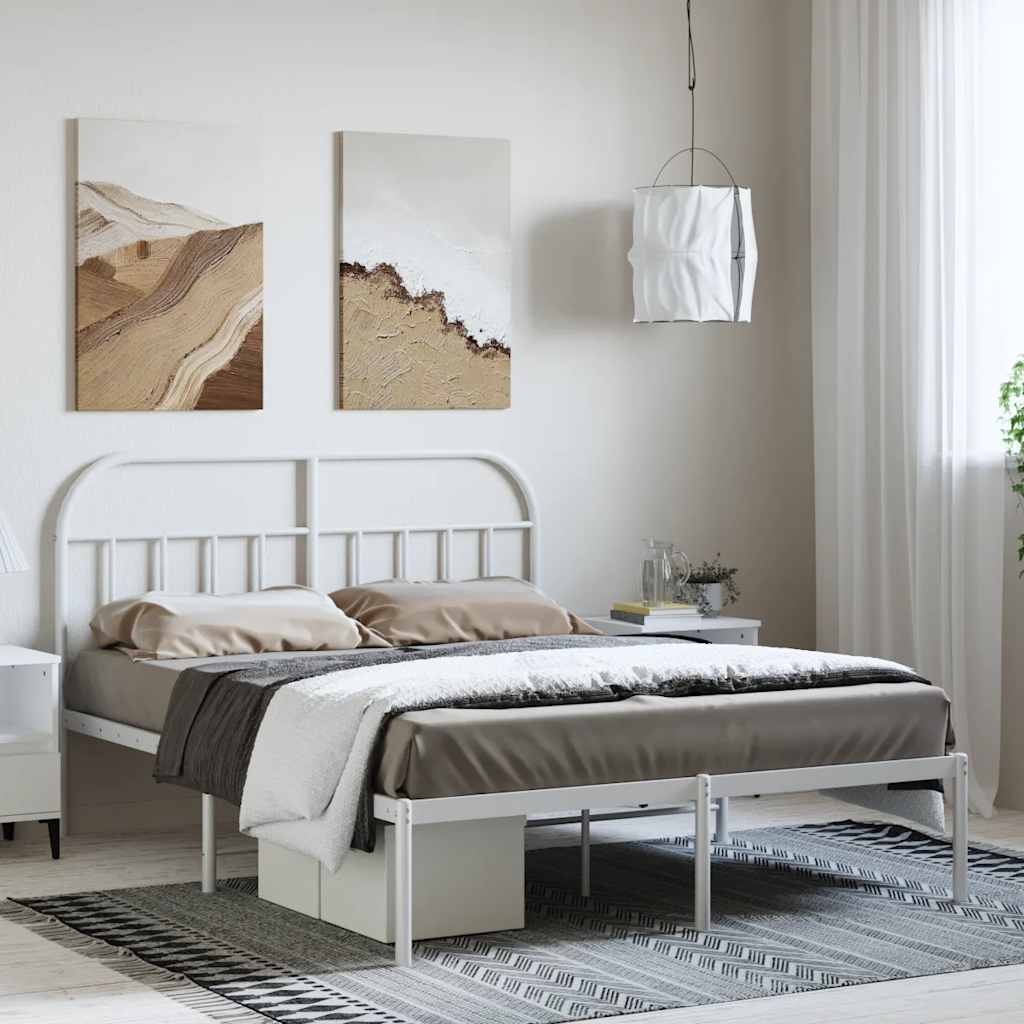 vidaXL Metal Bed Frame with Headboard White 135x190 cm Double
