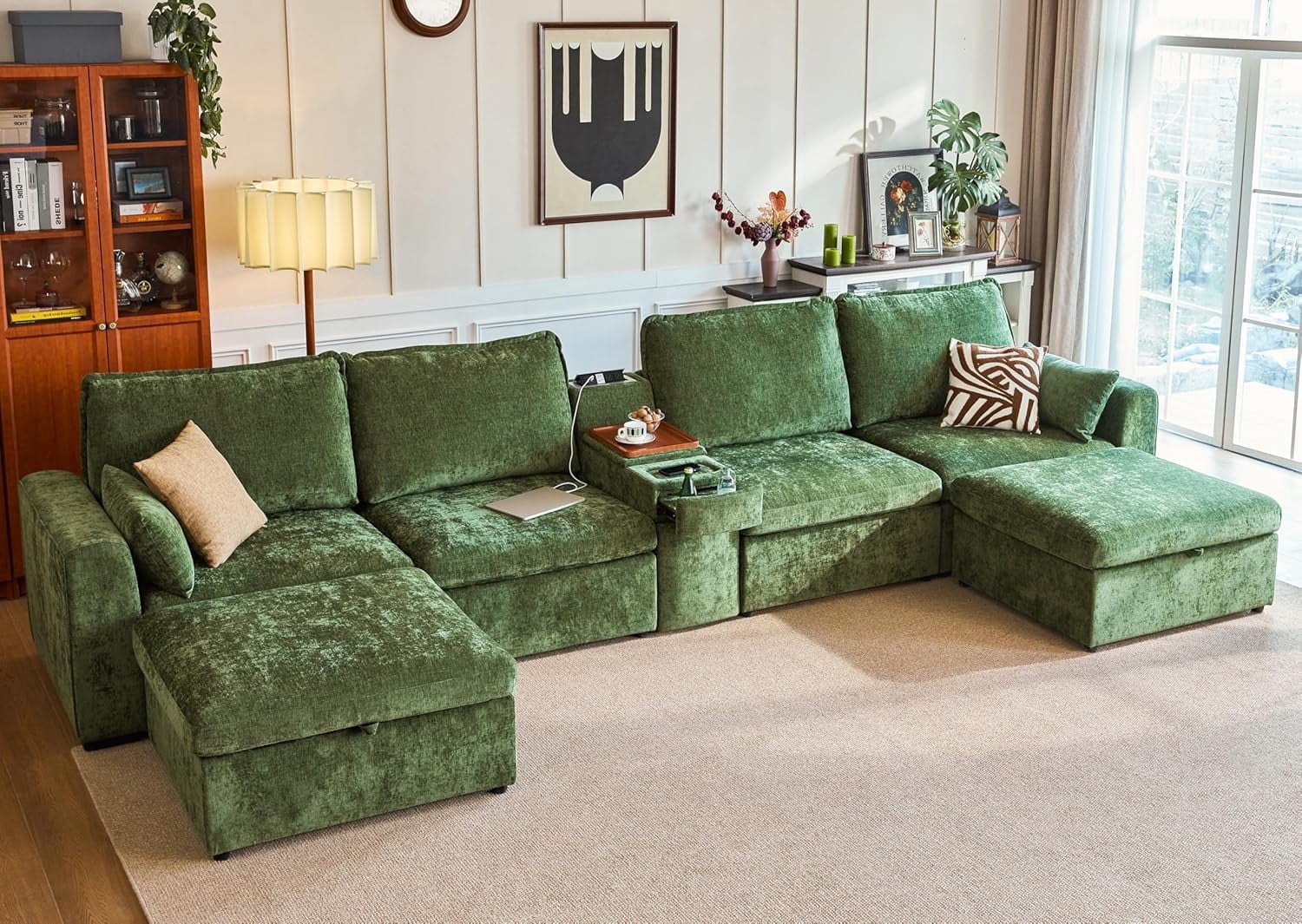 BEDEEP Canapé Sectionnel Modulaire de 174,4 Po avec Console et Station de Recharge, Canapé Nuage en Chenille en Forme de U avec Pouf de Rangement, Canapé Profond Convertible 6 Places avec Méridienne pour Salon, Vert