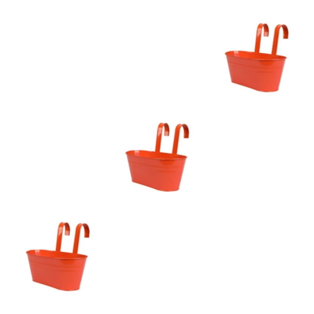 Goriertaly Practical And Durable Detachable For Balcony Planters Railing Hanging Multipurpose Fence Planters in orange red, shown as a set of three. These iron planters feature a detachable design with hooks for easy hanging on railings. Ideal for outdoor use, they are durable and weather-resistant, suitable for displaying flowers or growing a small herb garden. Each planter measures 28x13 cm at the mouth, 12 cm in height, and 22.5x9.5 cm at the bottom.
