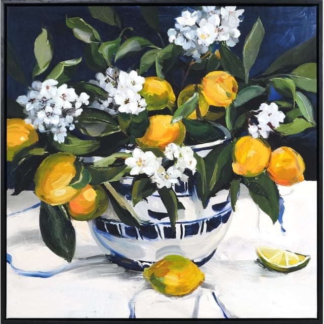 No Brand 24x24 Framed Home Decor Canvas Art Lem showing a centered still life of a white and blue ceramic bowl holding yellow lemons, green leaves, and white blossoms on a white surface with a dark blue background, ideal nursery wall décor and nursery art.