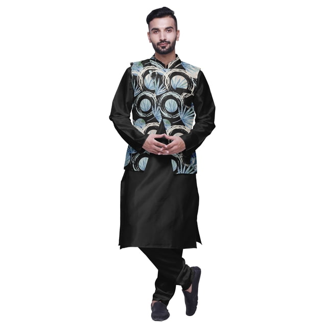 Atasi Indian Long Kurta Men Solid Kurta Pajama With Printed Nehru Jacket Set