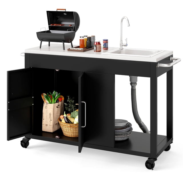 Costway Table de Gril Extérieur de 56 Pouces avec Évier et Drainage avec Dessus en Acier Inoxydable