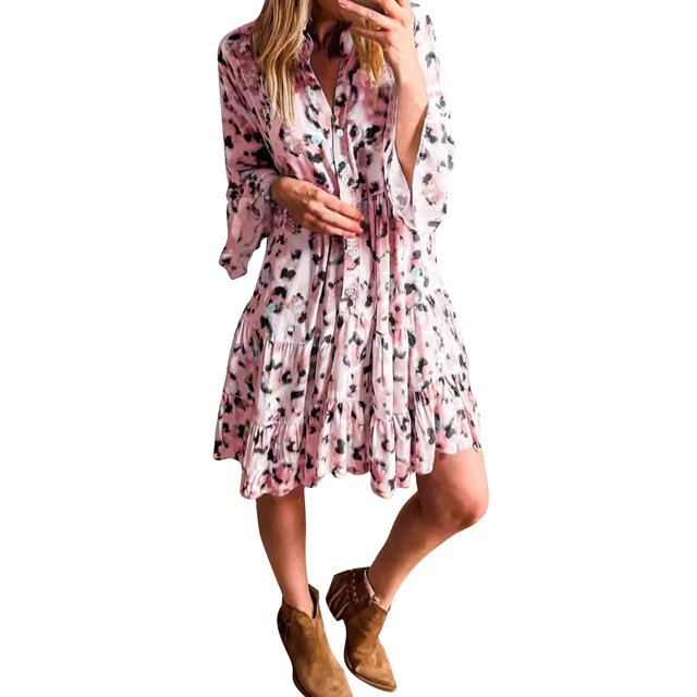 Ovzne Robes Grande Taille pour Femmes aux Formes Robe Décontractée pour Femmes avec Poches Robe d'Été Couleur Unie Col en V Robes Mini Robe de Vacances à Manches Longues Imprimée Liquidation