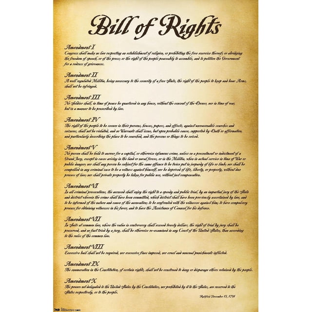 Les États-Unis d'Amérique - Affiche Murale de la Déclaration des Droits, 22,375 Pouces x 34 Pouces, Affichant les Dix Premiers Amendements de la Constitution Américaine en Noir sur une Affiche Brillante de Style Parchemin vintage, Convenant à la Décoration Murale de la Maison Ou du Bureau et Facile à Accrocher avec Pinces Incluses.