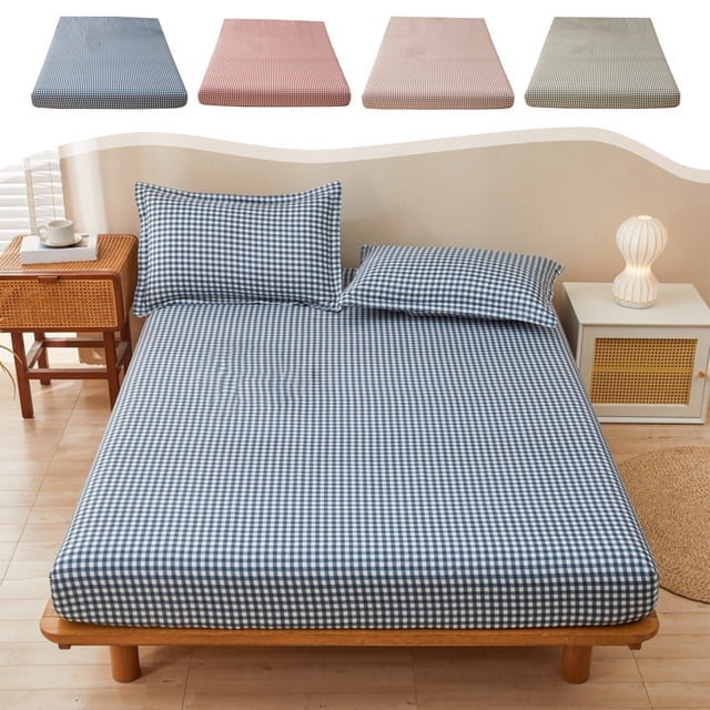 Fitted Sheet for Deep Mattress - Non-Slip Full Size Checkered Bed Sheet with 6-Inch Pocket, Stretch Cotton-Linen Blend for Kids, Adjustable Beds, and Box Springs