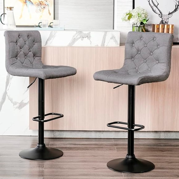 Heavenly Collection Modern Modern Tufted Fabric Adjustable Swivel Barstools (Set of 2) - Hydraulic Gas Lift Counter Stools with Black Matte Base & Footrest - Ideal for Kitchen Islands & Home Bars
