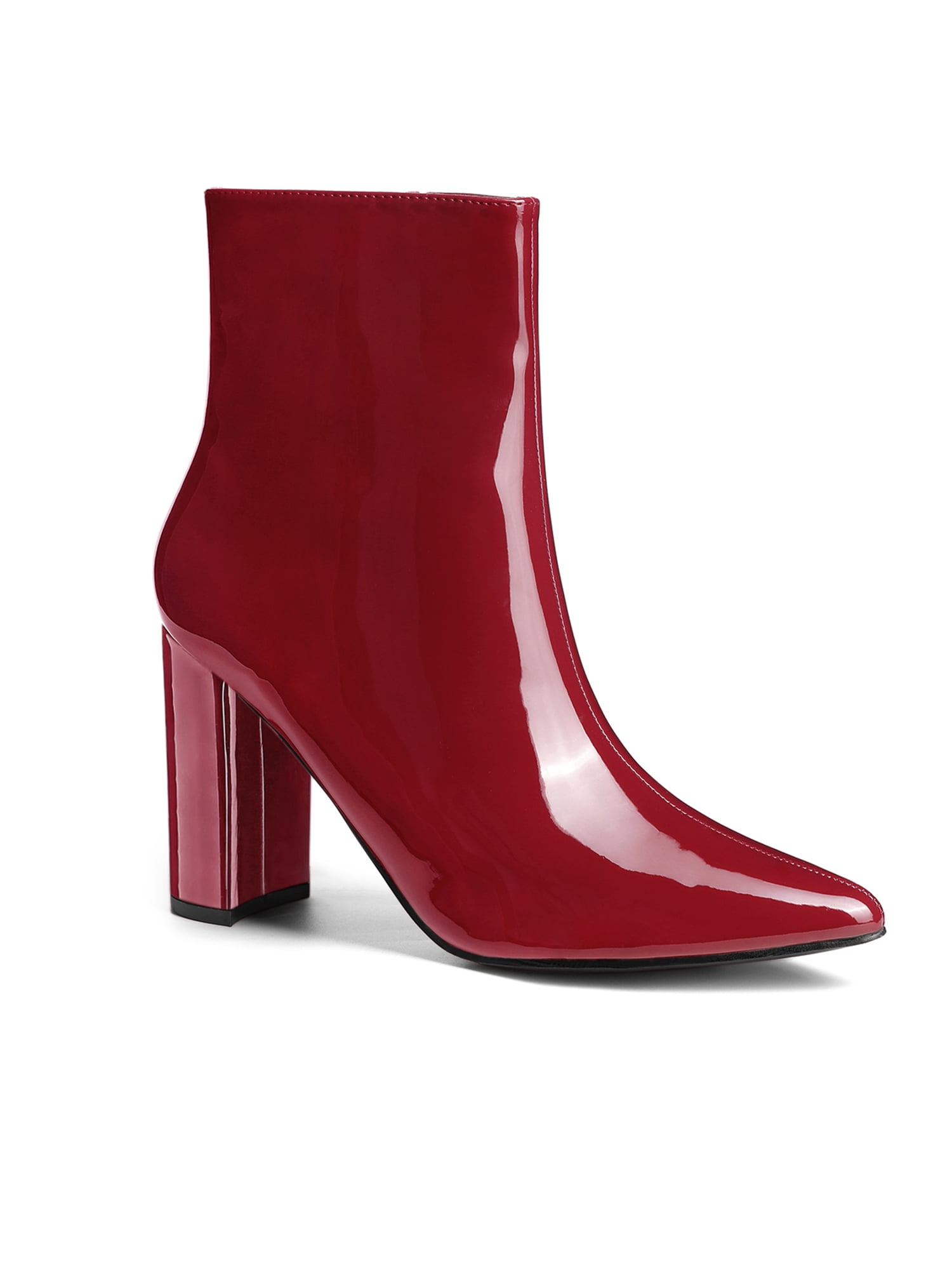 Unique Bargains Women's Pointed Toe Zipper Patent Leather Ankle Chunky Boots