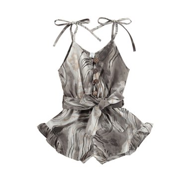 Xingqing Summer Fashion Kids Girls Jumpsuits Tie-Dye Printed Strapless Single Breasted Bow Belt Rompers 3 Colors