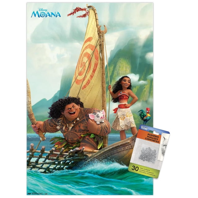 Disney Moana - Affiche Murale de Groupe, 22,375 Po x 34 Po Représentant des Personnages Animés sur un Canot à Voile Polynésien Traditionnel avec une Voile Beige Marquée d'Une Spirale Rouge, sur Fond de Vagues Océaniques Bleues et de Montagnes Vertes, Imprimée sur Papier Lustré avec Punaises Transparentes Incluses pour une Suspension Facile.