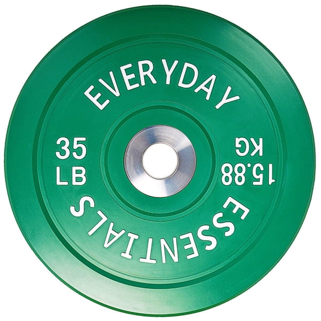 Everyday Essentials Color Coded Olympic Bumper Plate Weight Plate with Steel Hub, 35 Lbs, green high-density rubber with solid stainless-steel insert and 2-inch inner ring diameter, labeled in pounds and kilograms, suitable for weightlifting, powerlifting, and CrossFit training