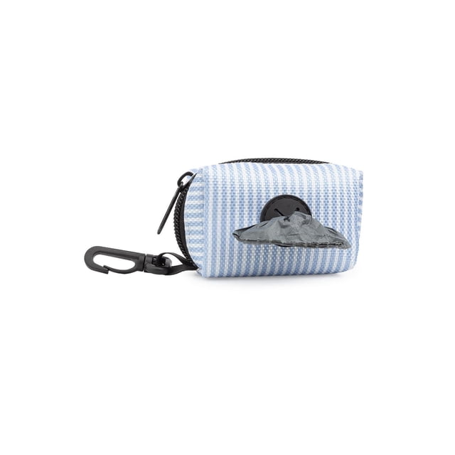 One Paw, Compact Pet Bag Dispenser for Dogs and Cats in sky blue and white striped durable polyester fabric with a black plastic clip and circular opening dispensing a gray waste bag, designed for dog waste management and easy portability on walks or park trips.