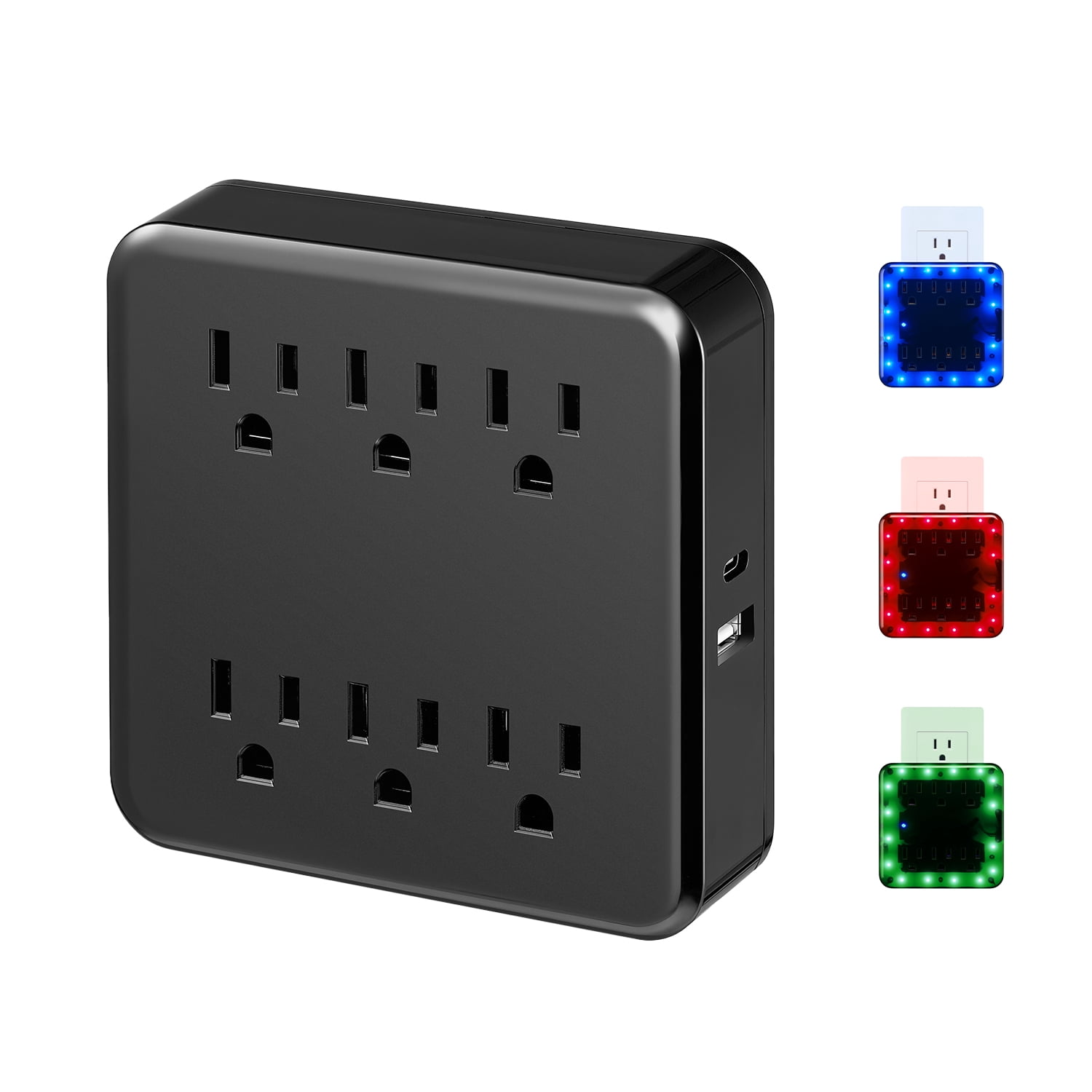 Globe Electric 6-Outlet LED Wall Tap with USB-A & USB-C, Grounded, 900J Surge Protection, Color Changing Lights, Non-Smart