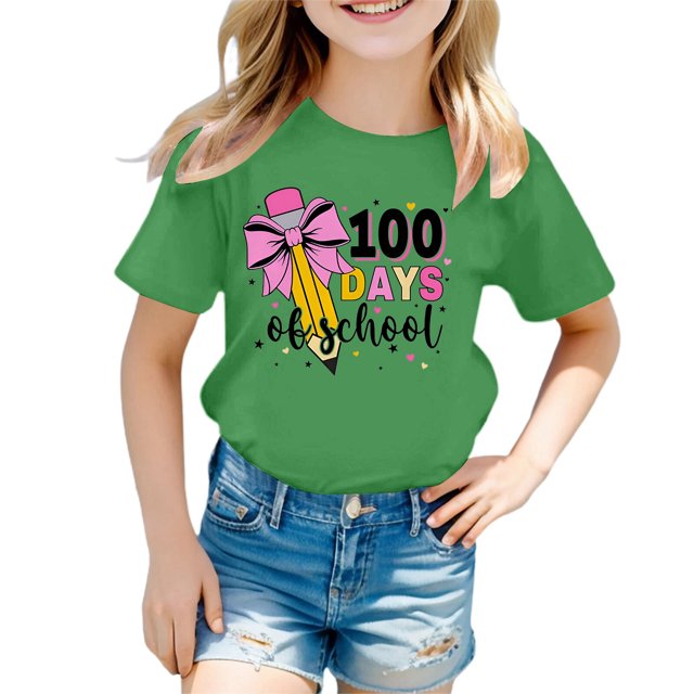 FAOWME T-Shirt Mode Enfant Col Rond Décontracté Imprimé Cœur Manches Courtes Vert 10-11 Ans