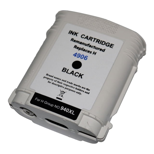 L-ink Compatible HP 940XL Black High Yield Ink Cartridge shown in a close-up angled view with white plastic casing and label indicating remanufactured black ink, model 4906, compatible with H Group printers including OfficeJet Pro 8000 and 8500 series, providing economical, high-yield printing for office environments.