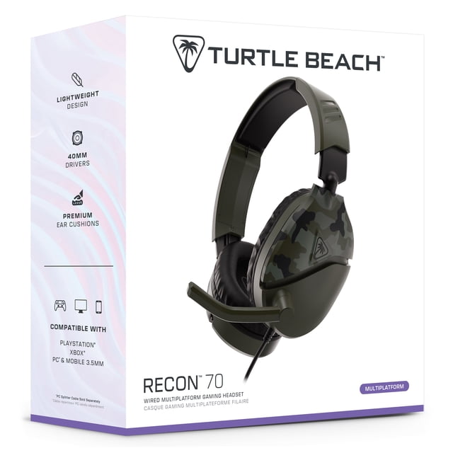 Turtle Beach Recon 70 Green Camo Gaming Headset wired multiplatform headset with 40mm drivers, lightweight design, synthetic leather ear cushions, adjustable padded headband, and flip-up high-sensitivity mic compatible with PlayStation, Xbox, PC, and mobile devices.