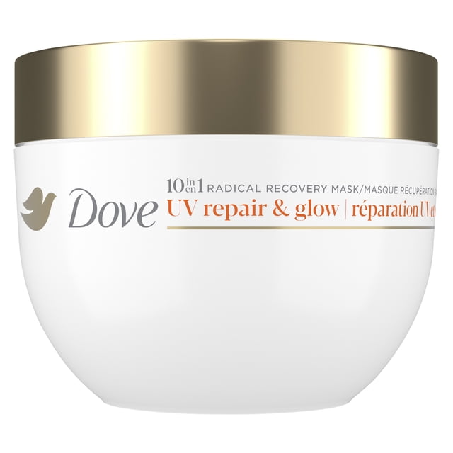 Dove Radical Recovery Mask 10-in-1 UV Repair & Glow, 260 g — centered front-facing tub with Dove label; deep-conditioning mask designed to repair and fortify UV-damaged hair with 10 benefits in one formula, including repairing internal UV damage, sealing cuticles, locking in moisture, reducing breakage and helping control frizz for 48 hours; suitable as a weekly intensive treatment for sun-exposed hair.