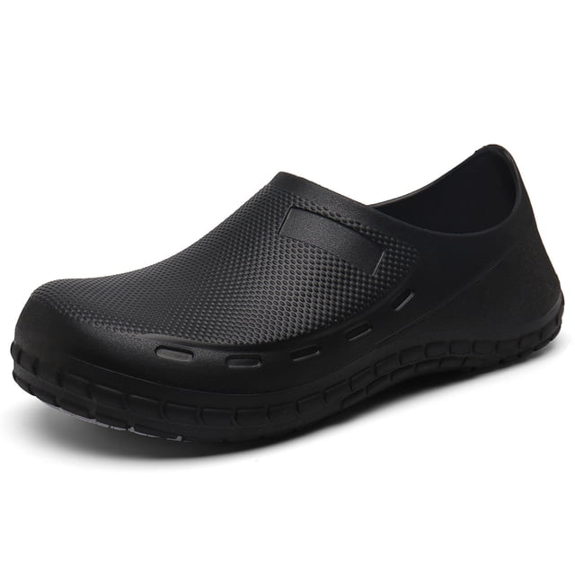 Fgnfyis Men's Slipper Chef Shoes in black, designed for kitchen and culinary use. These non-clog work shoes feature a round toe, flat heel, and ergonomic EVA upper material with a rubber sole for enhanced grip on wet surfaces. Suitable for indoor and outdoor use, these casual slippers provide breathable comfort and durability for long hours of wear. The slip-on design includes a 3cm (1.18-inch) heel and platform height, ideal for home chefs and culinary professionals.