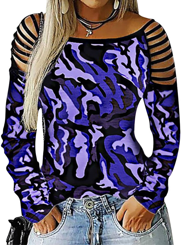Women Cutout Long Sleeve Camouflage Print Top