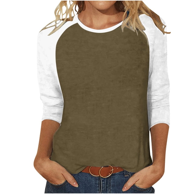 FNFYFH Chandails Raglan pour Femmes Chic Manches 3/4 T-Shirt de Baseball Tunique Col Ras du Cou T-Shirt à Blocs de Couleur Été Tendance Manches 3/4 Hauts Mignons Décontractés Coupe Ample Haut Respirant Prime Day Liquidation