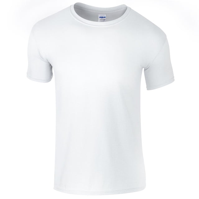 Gildan Mens Short Sleeve Soft-Style T-Shirt in plain white, made from a blend of ringspun cotton and polyester for a soft touch. Features a round neckline, short sleeves, ribbed collar, taped neck and shoulders, and a twin needle stitched hem. Designed with a tubular fit and tearaway label, suitable for everyday wear or summer use. Certified by Fair Labor Association, OEKOTEX, REACH, Sedex, and WRAP for sustainability.