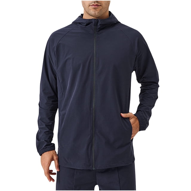 WRKEKC Performance Outdoor Sport Jacket Men's Windproof Lightweight Hooded with Secure Zippered Pockets for Climbing Running and All-Weather Training Navy XXL