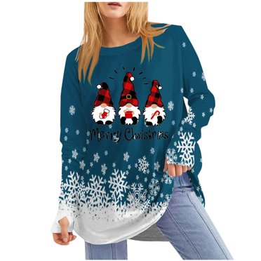 Womens Christmas Tops Women's Christmas Print Round Neck Raglan Sleeve Long Sleeved Thumb Sleeve Top Women's Christmas Tops