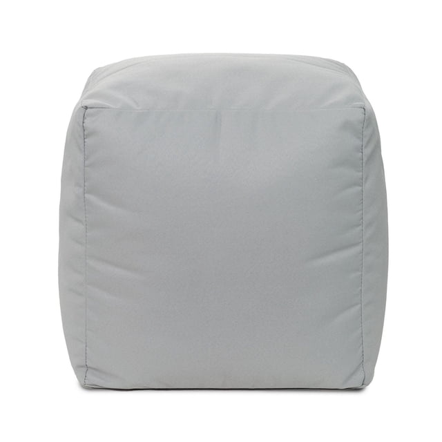 Gouchee Home Cube Soleil Outdoor/Indoor Silver Ottoman Pouf, a compact 16-inch cube upholstered in water-repellent silver Olefin fabric with subtle edge stitching and a hidden zipper, lightweight and supportive seating ideal for kids' rooms or casual indoor/outdoor use.