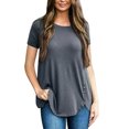 thumbnail image 5 of Femmes T-shirt Couleur Unie Bouton Femmes Col Rond Haut Col Rond Manches Courtes Chemisier, Gris, XL, 5 of 5