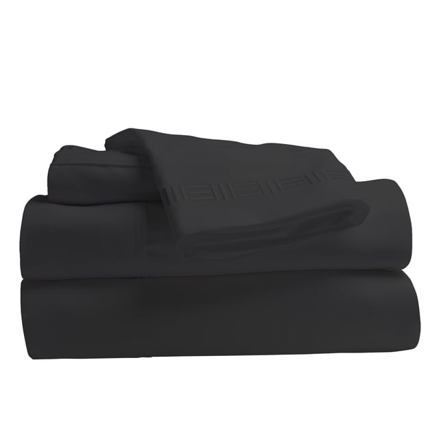 Comfy Bamboo World 9900 Series 100gsm Embroidered Bedsheets Sheet Set in black, full size. This 4-piece set includes ultra-soft, hypoallergenic microfiber sheets with a wrinkle-resistant finish. Features deep pockets for mattresses up to 18 inches and an embroidered design for added elegance.