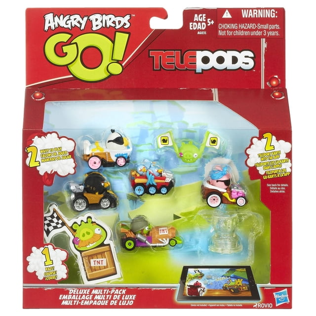 Angry Birds Go Deluxe Multi-Pack containing five miniature racing karts with Angry Birds and pig characters, two targets, and a Telepods base in a red and yellow box with clear window, designed for children aged 5 and up and compatible with the Angry Birds Go app for interactive play.
