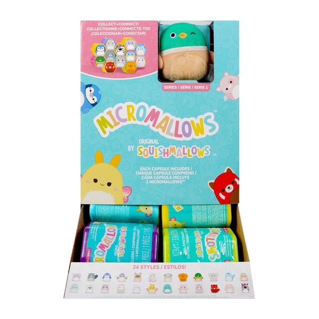Micromallows - 2.5" Blinds by Original Squishmallows retail display box containing multiple capsule-packaged microplush toys, including a green and beige bird visible through a window, with colorful branding and 24 collectible plush styles suitable for small hands and collectors.