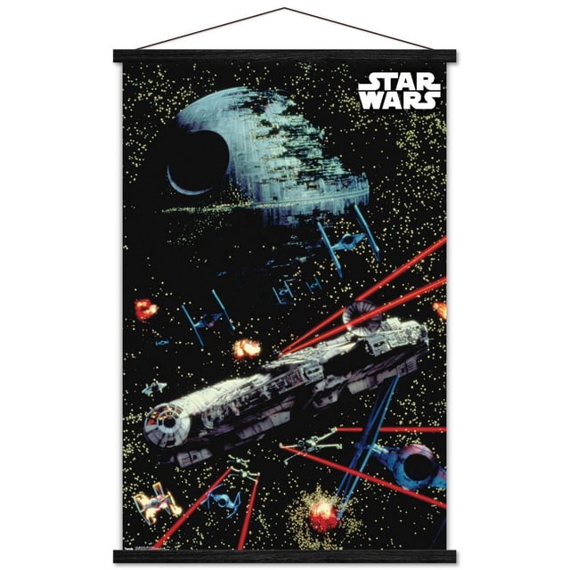 Star Wars: Saga - Space Battle Wall Poster, 22.375" x 34" depicting a glossy poster with the Death Star, Millennium Falcon firing red laser beams, and multiple TIE fighters in a star-filled space scene, suitable for decorating bedrooms, offices, or themed spaces.