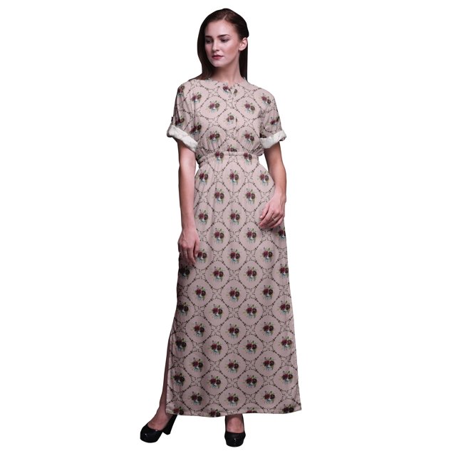 Bimba Robe Longue Imprimée en Rayonne à Feuilles/fleurs et Losanges Géométriques, Taille Smockée, Fente Latérale, pour Femme - Petit
