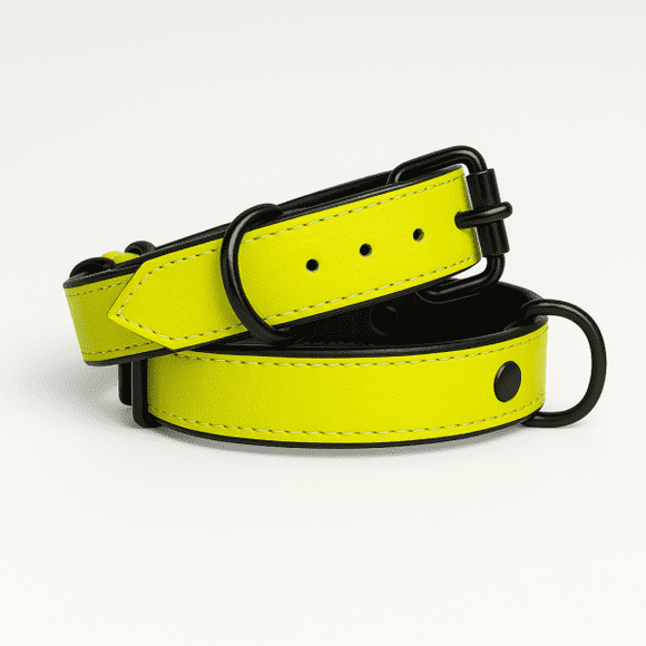 Dog Collar. Handmade Genuine Leather Dog Collar, Lime Green with Black Inner Liner, Adjustable Buckle. Buddies Collars