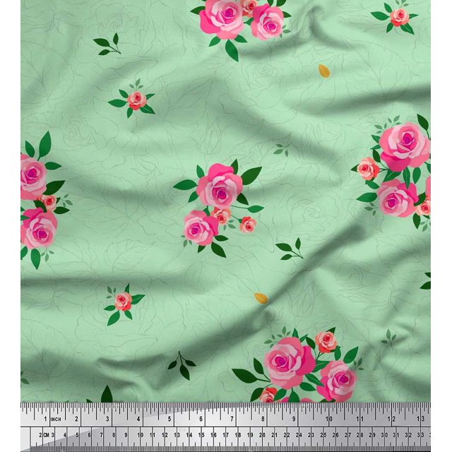 Soimoi polyester Crepe Fabric Leaves & Rose Flower Print Fabric by the Yard 42 Inch Wide