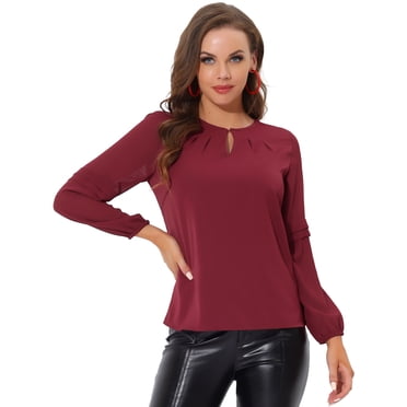 INSPIRE CHIC Women's Work Office Chiffon Shirt Semi Sheer Long Sleeves Keyhole Neck Elegant Blouse Top Wine Red S