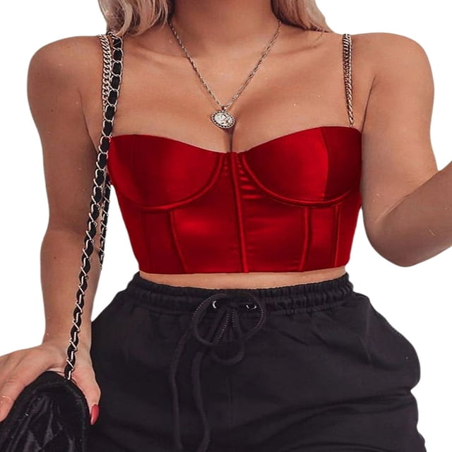 Women Solid Color Sleeveless Tank Tops with Chain Strap Low-cut Padded Cropped T Shirt Tanks Tops Red L