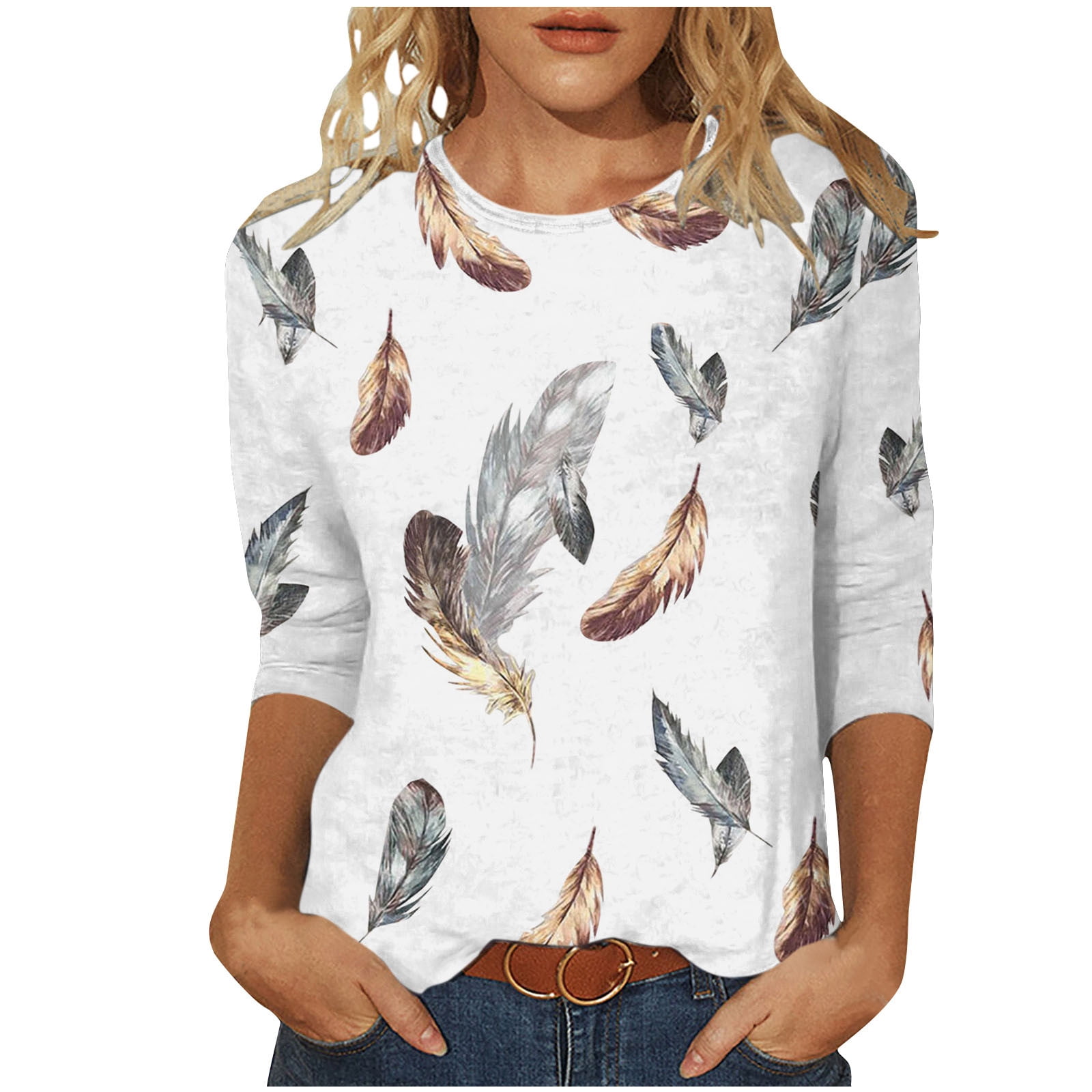 T-shirts d'Été pour Femmes Mode Femme Col Rond T-Shirt à Manches 3/4 Blouse Imprimée Hauts Chandail T-Shirts pour Femmes Mode T-Shirts pour Femmes pour l'Été T-Shirts à Manches 3/4 pour Femmes