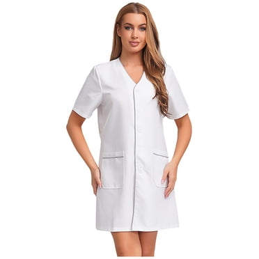 RUNQHUI Robe de Travail à Manches Courtes pour Femmes avec Boutons avant, Blouse de Toiletteur pour Animaux, Manteau de Barbier Blanc TTG
