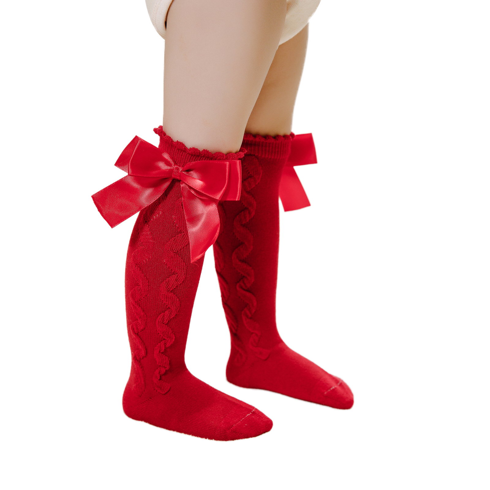 FOCUSNORM Baby Girls Knee High Socks Cable Knit Cotton Socks with Bow